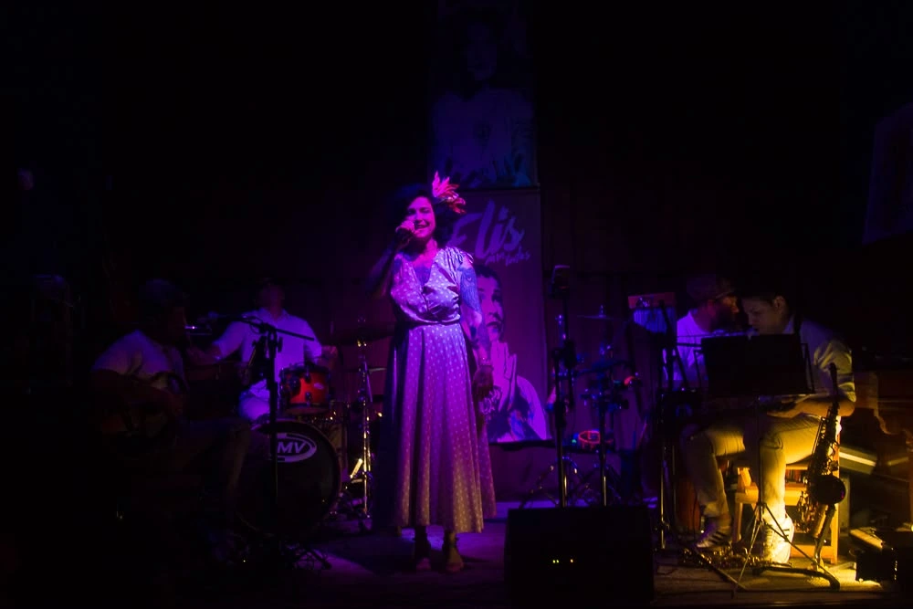 Visão cênica e dinâmica de iluminação destacando os músicos em harmonia no espetáculo