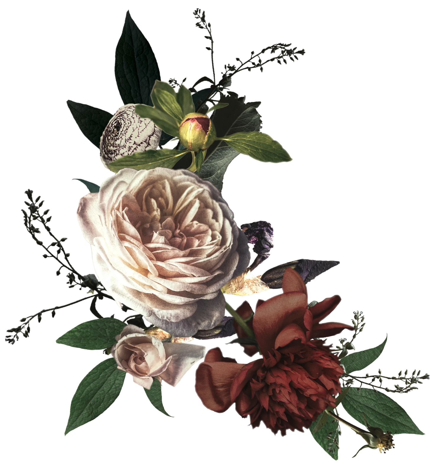 Arranjo floral artístico e pincelada vazando na base esquerda da seção
