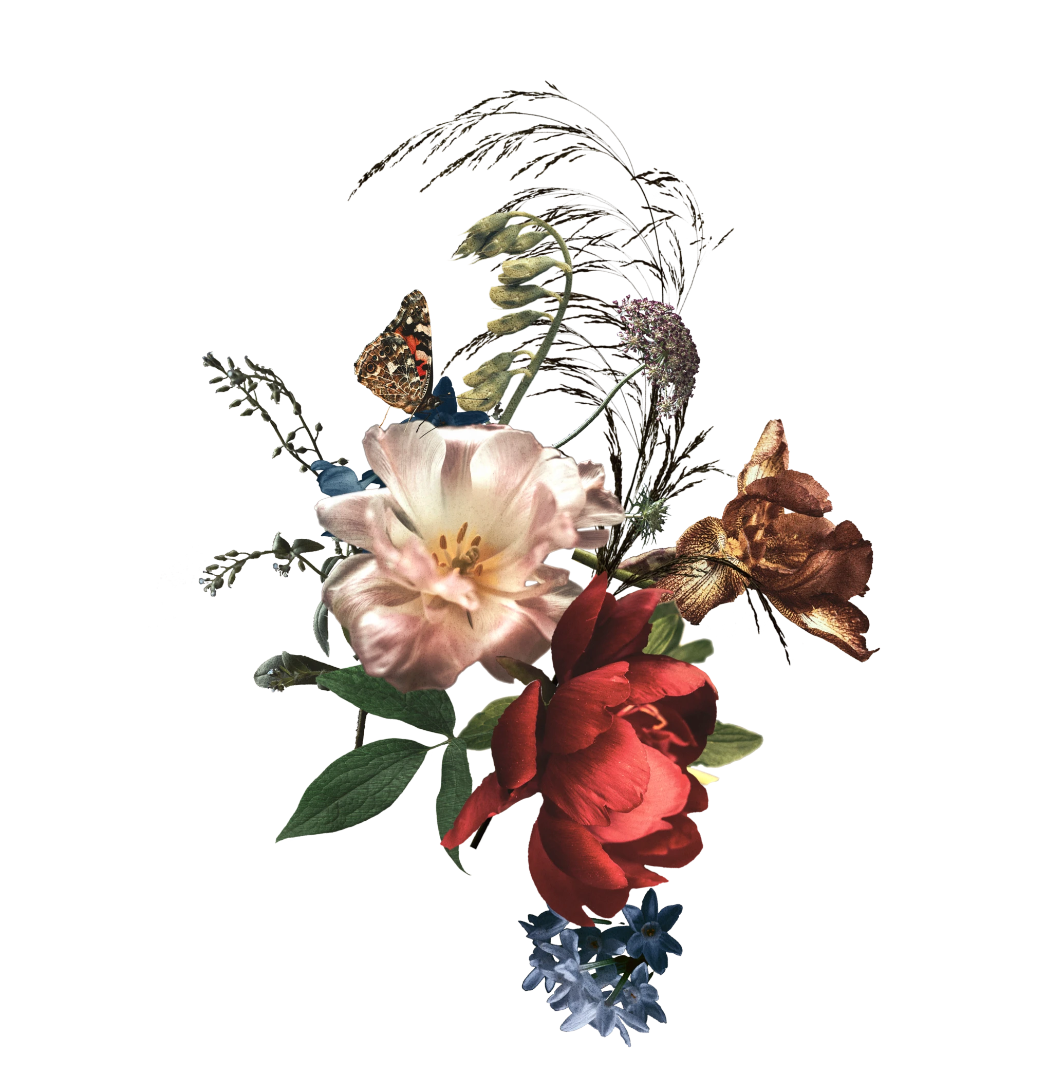 Arranjo floral artístico com borboleta e flores clássicas
