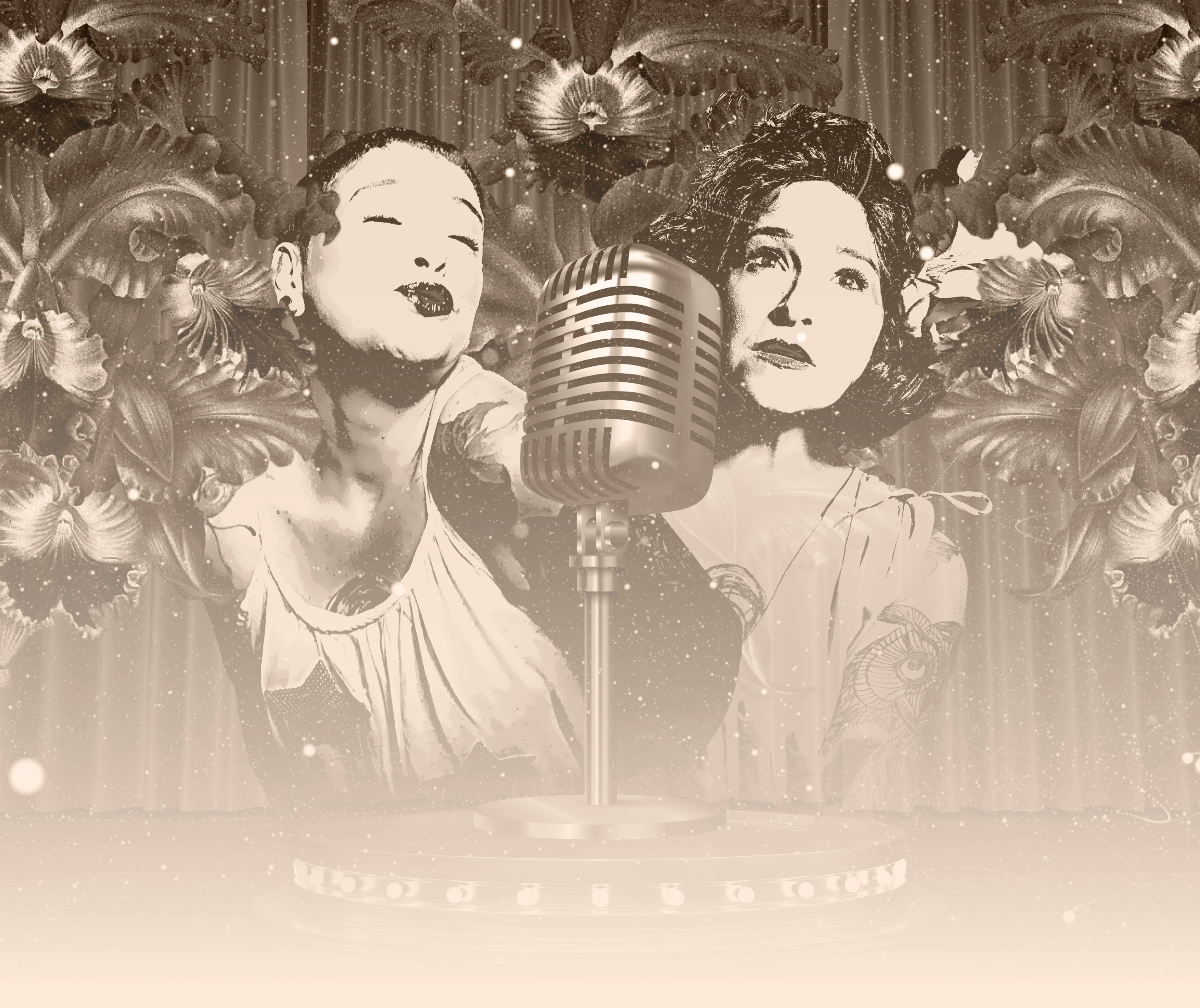 Elis Regina cantando em microfone vintage com orquídeas e arranjo artístico de fundo