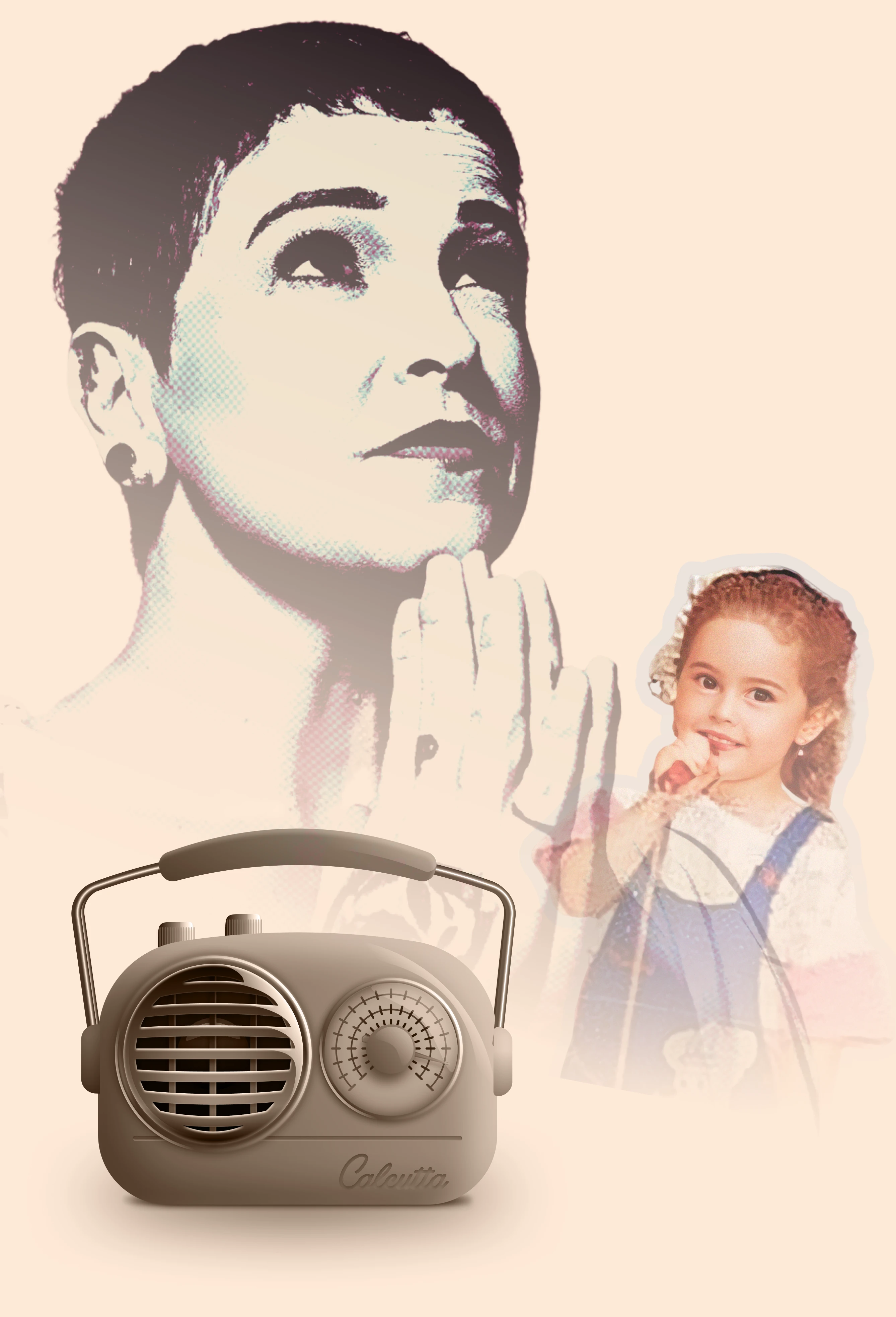 Montagem artística com a cantora em mãos postas, foto de infância cantando e rádio retrô Calcutta